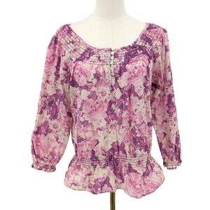 Boho Floral Cotton Peplum Blouse Purple Pink IZOD Size M Smocked Waist